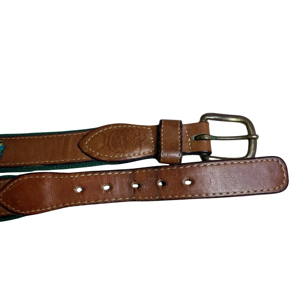 Mens Brown‎ Leather Canvas Belt Mahi Mahi Fish Embroidered Sz 36 Nautical Casual